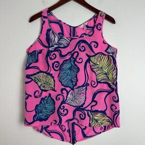 Lilly Pulitzer Women's Tank Top Size L 100% Silk Pink Zip Back Leaf Print